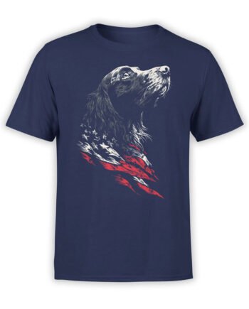 T-shirt full view in navy showing Liberty Hound patriotic dog and flag brush art