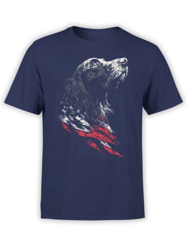 T-shirt full view in navy showing Liberty Hound patriotic dog and flag brush art
