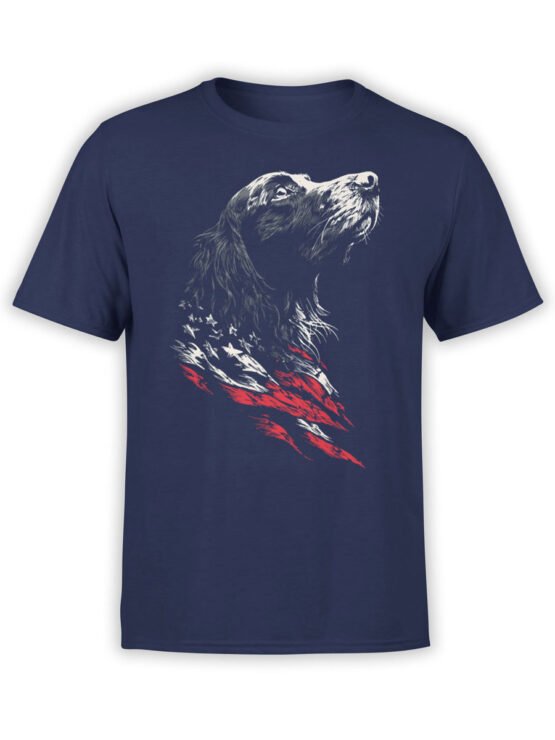 T-shirt full view in navy showing Liberty Hound patriotic dog and flag brush art