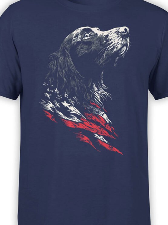 Tee close-up of Liberty Hound design with patriotic dog illustration and flag brush details on navy fabric