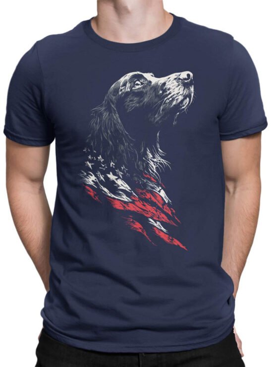 Unisex shirt on male torso featuring Liberty Hound patriotic dog with flag brush artwork in navy