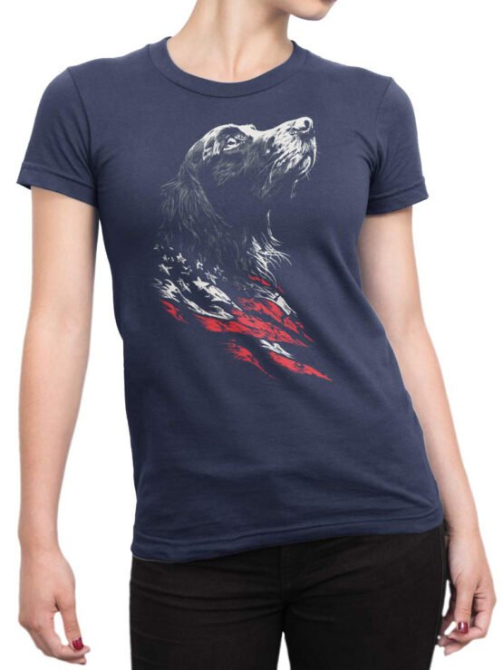 Unisex tee on female torso with Liberty Hound graphic of loyal dog and subtle flag brush accents in navy