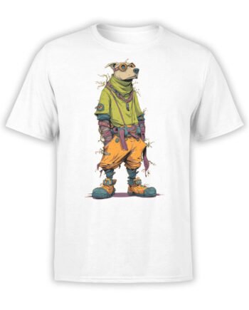 T-shirt full view in white featuring Street Pup graphic of dog in streetwear