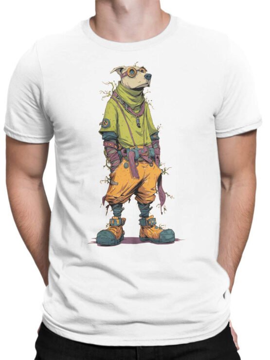 Unisex shirt on male torso featuring Street Pup colorful urban dog illustration