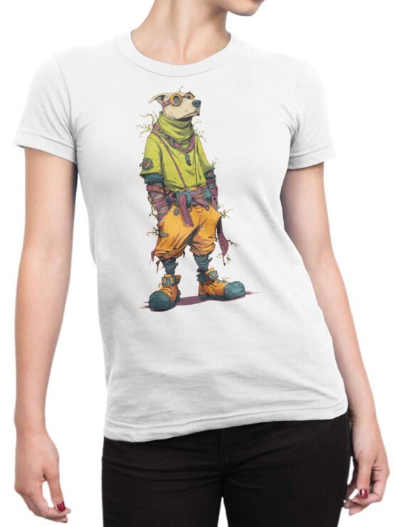 Unisex tee on female torso with Street Pup design of fashionable dog in bold colors