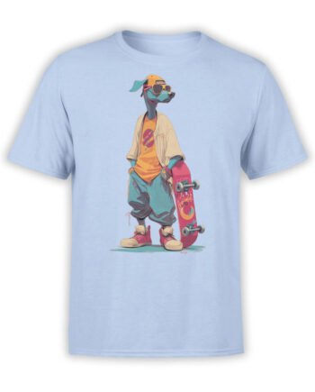 T-shirt full view in light blue featuring Skater Doggo dog skateboard graphic