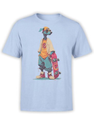 T-shirt full view in light blue featuring Skater Doggo dog skateboard graphic