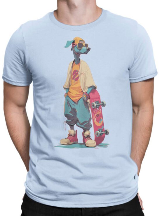 Unisex shirt on male torso featuring Skater Doggo urban dog skateboard illustration