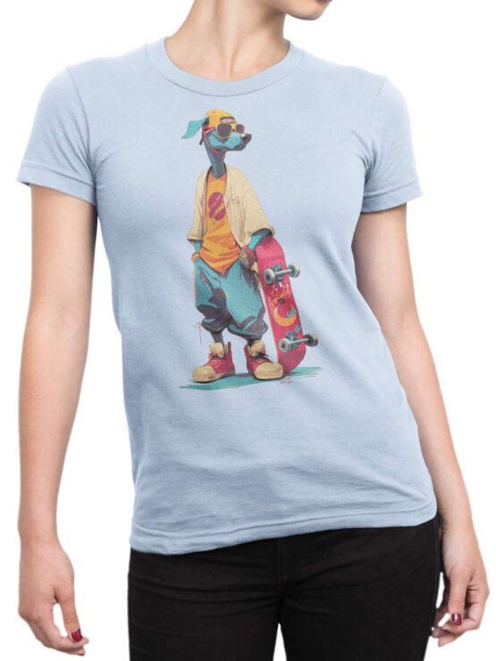 Unisex tee on female torso with Skater Doggo cool street dog design in bold colors