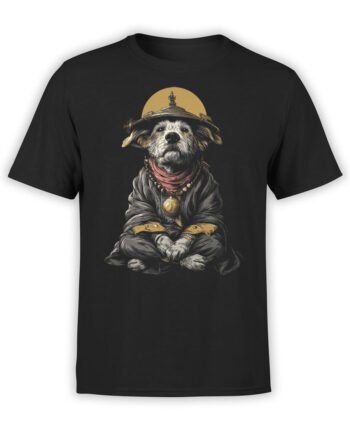 T-shirt full view in black featuring Zen Pup meditating monk dog graphic