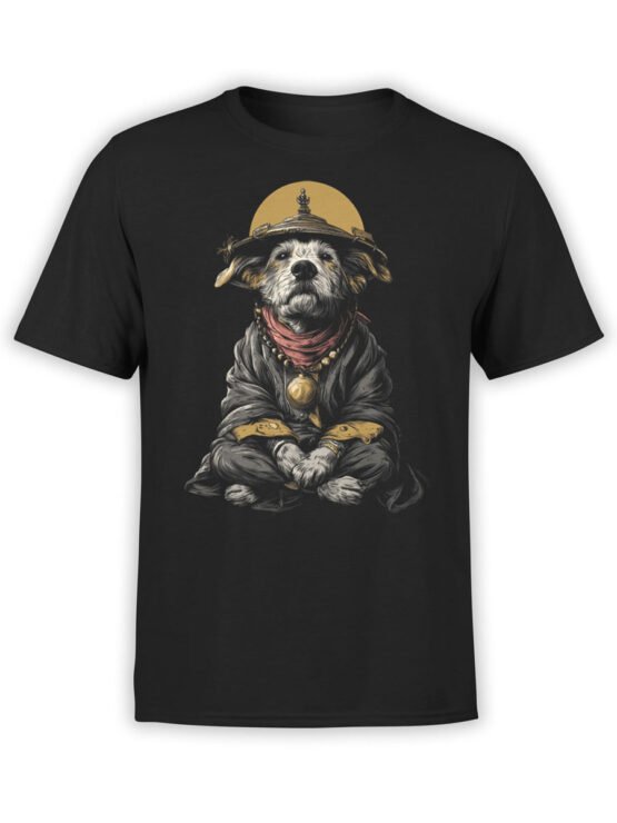 T-shirt full view in black featuring Zen Pup meditating monk dog graphic