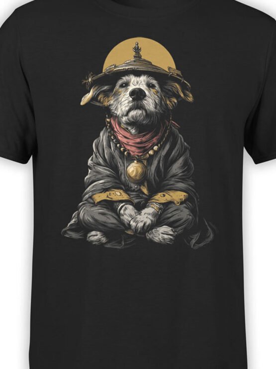 Close-up of Zen Pup design with serene dog, halo, and robe details