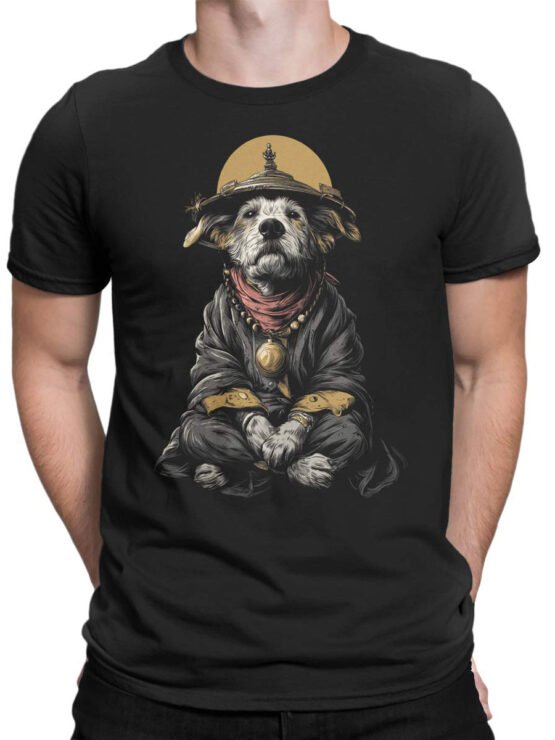 Unisex shirt on male torso featuring Zen Pup spiritual dog graphic art