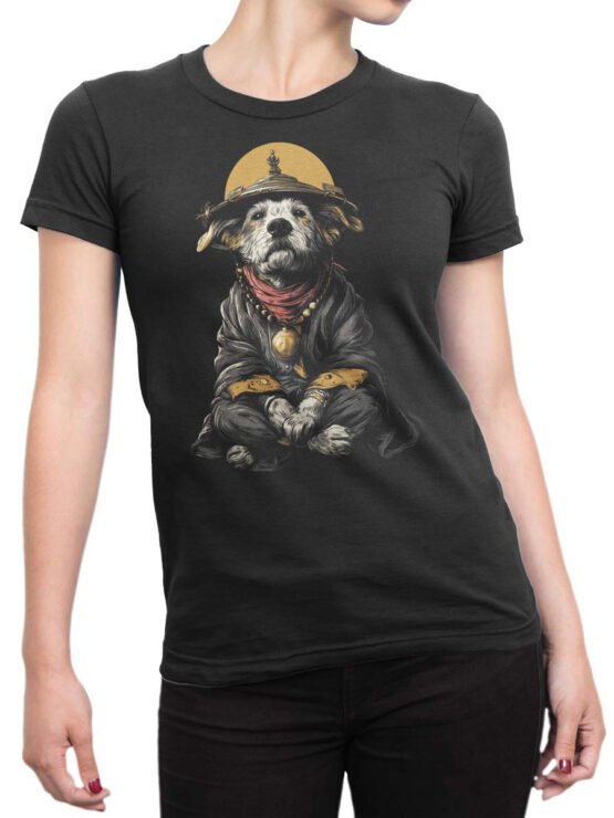 Unisex tee on female torso with Zen Pup meditating canine artwork in gold and gray