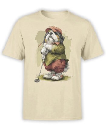 T-shirt full view in beige featuring Golf Caddy Pup dog golfer illustration