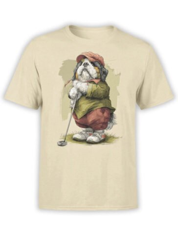 T-shirt full view in beige featuring Golf Caddy Pup dog golfer illustration