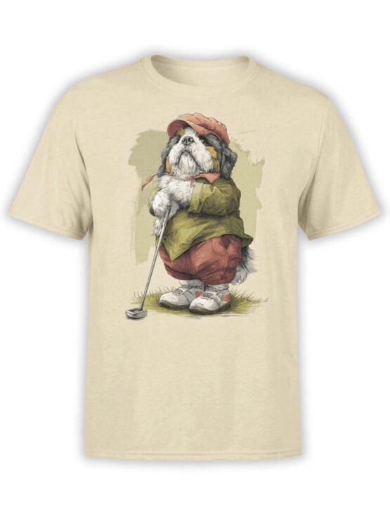 T-shirt full view in beige featuring Golf Caddy Pup dog golfer illustration