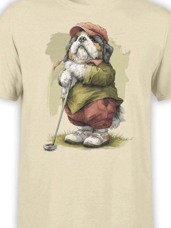 Close-up of Golf Caddy Pup design with fluffy dog in vintage golf outfit