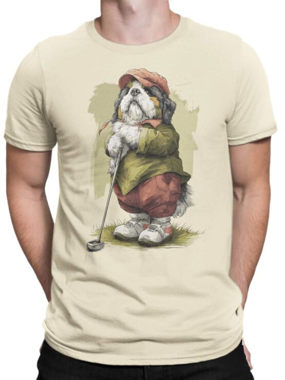 Unisex shirt on male torso featuring Golf Caddy Pup funny golfer dog graphic