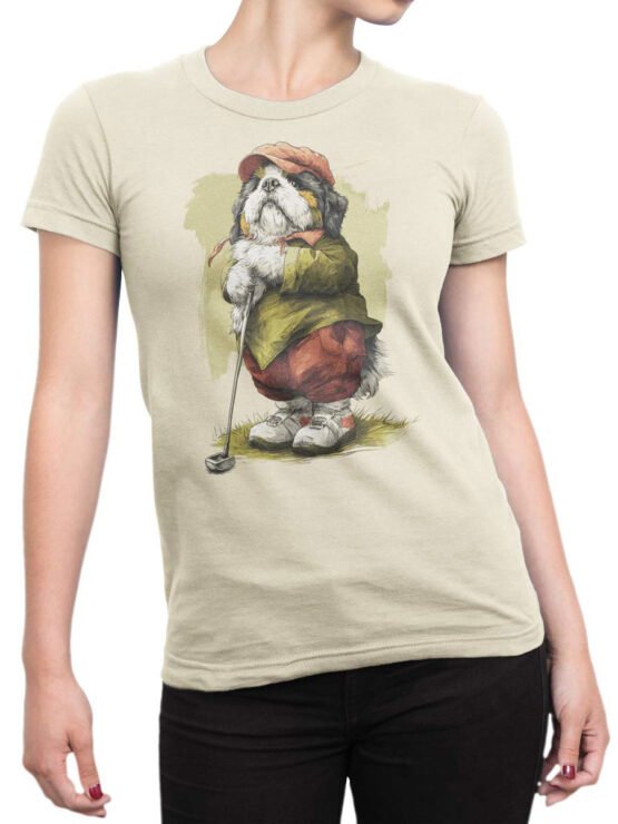 Unisex tee on female torso with Golf Caddy Pup whimsical dog golf artwork
