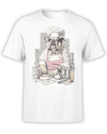 T-shirt full view in white featuring Chef Bulldog funny cooking dog design