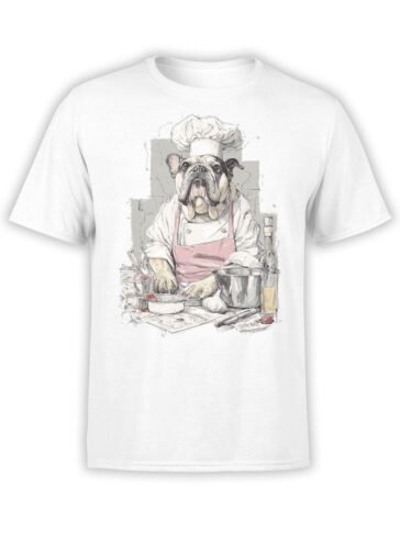 T-shirt full view in white featuring Chef Bulldog funny cooking dog design