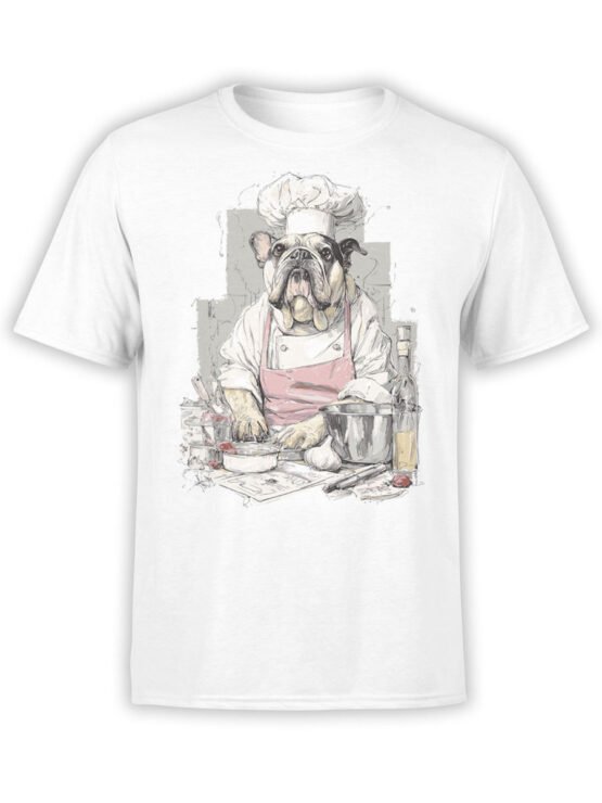 T-shirt full view in white featuring Chef Bulldog funny cooking dog design