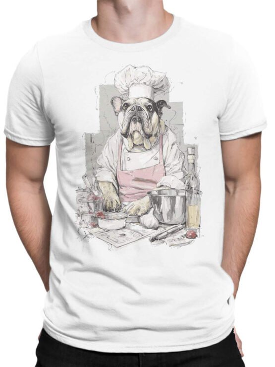 Unisex shirt on male torso featuring Chef Bulldog funny cooking dog artwork