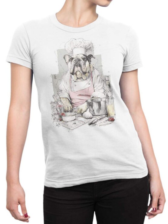 Unisex tee on female torso with Chef Bulldog humorous culinary dog illustration