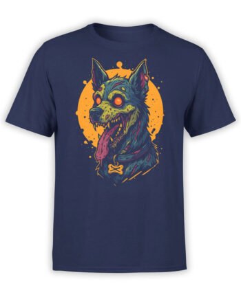 T-shirt full view in navy featuring Zombie Pup creepy undead dog illustration