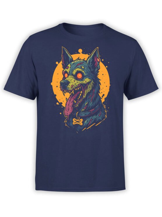 T-shirt full view in navy featuring Zombie Pup creepy undead dog illustration