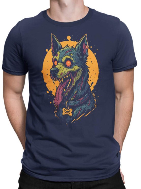 Unisex shirt on male torso featuring Zombie Pup scary horror dog artwork