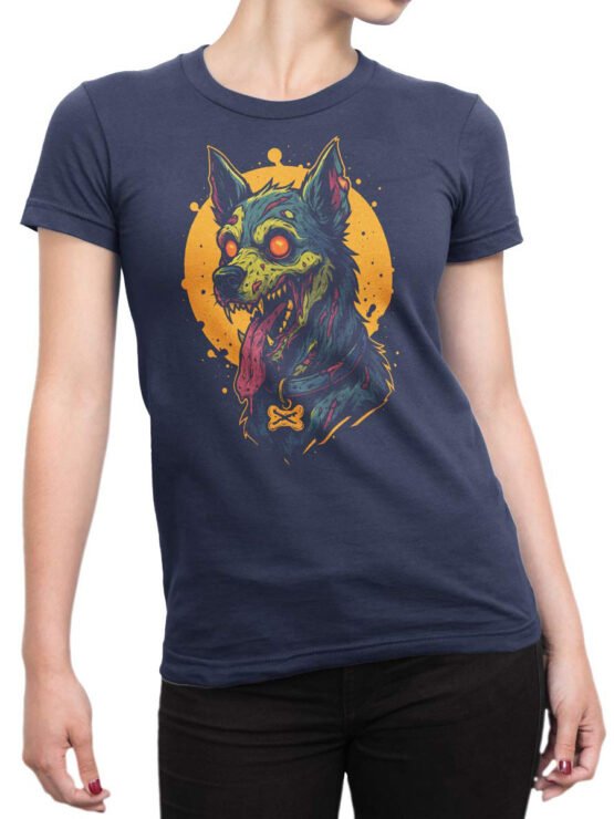 Unisex tee on female torso with Zombie Pup grotesque undead dog design