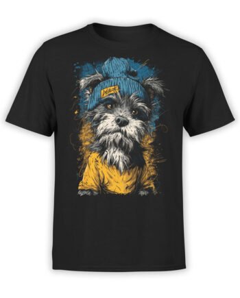 T-shirt full view in black featuring Beanie Pup dog in hoodie and beanie