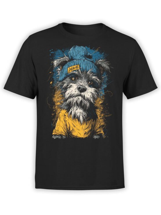 T-shirt full view in black featuring Beanie Pup dog in hoodie and beanie