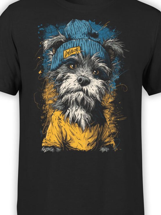 Close-up of Beanie Pup design with scruffy dog in blue beanie and yellow hoodie