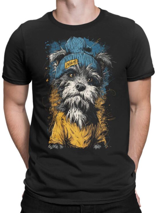 Unisex shirt on male torso featuring Beanie Pup urban street dog artwork