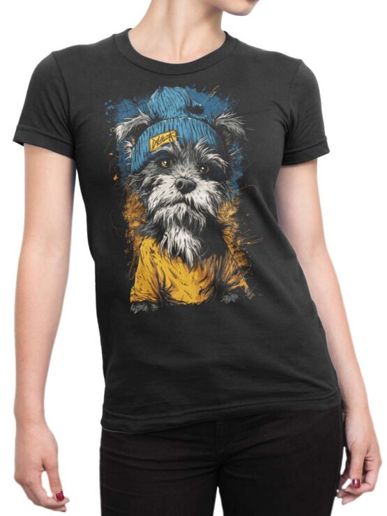 Unisex tee on female torso with Beanie Pup graffiti-inspired stylish dog design