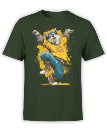 T-shirt full view in forest green featuring Breakdance Pup dancing dog graphic