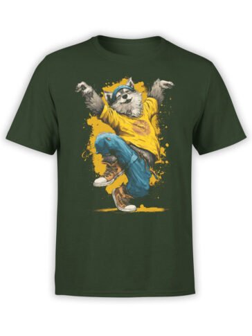 T-shirt full view in forest green featuring Breakdance Pup dancing dog graphic