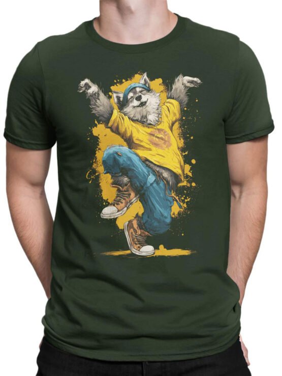 Unisex shirt on male torso featuring Breakdance Pup fun hip hop dog artwork