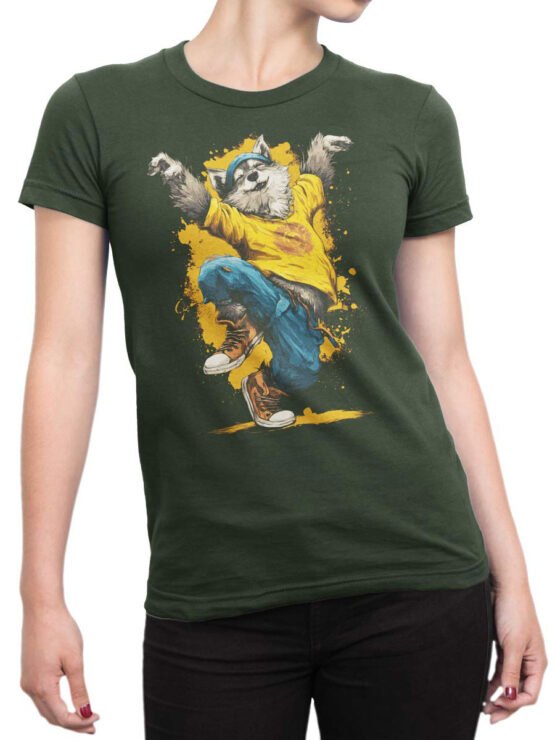Unisex tee on female torso with Breakdance Pup playful dancing dog design