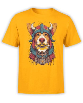 T-shirt full view in yellow featuring Viking Corgi warrior dog graphic