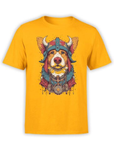 T-shirt full view in yellow featuring Viking Corgi warrior dog graphic