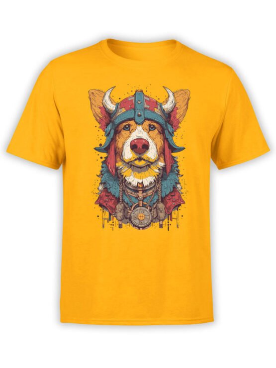 T-shirt full view in yellow featuring Viking Corgi warrior dog graphic