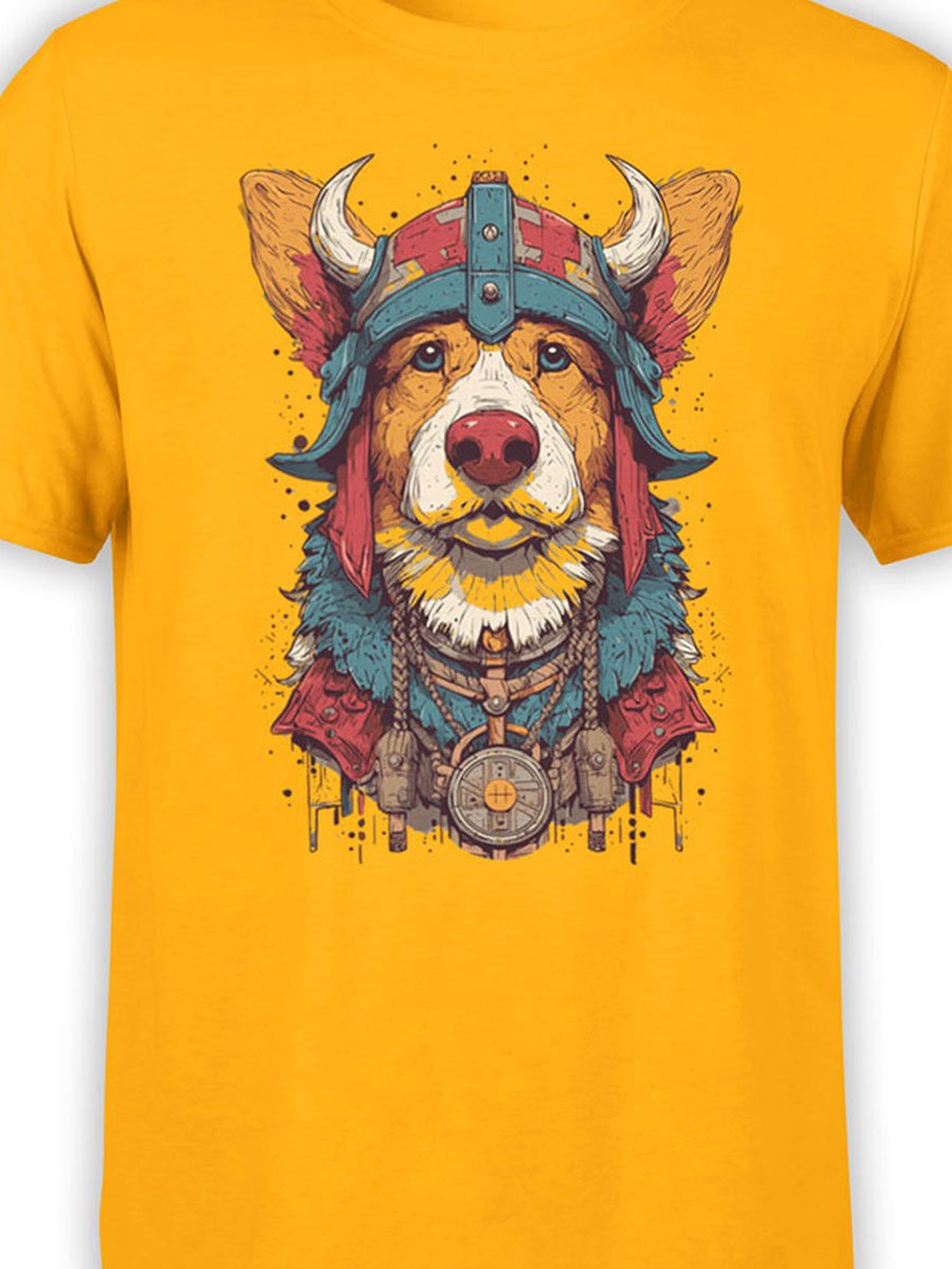 Close-up of Viking Corgi design with horned helmet and shield medallion