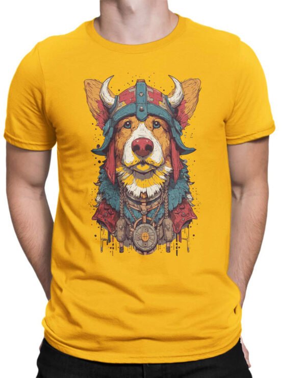 Unisex shirt on male torso featuring Viking Corgi funny warrior dog artwork