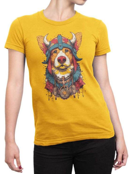 Unisex tee on female torso with Viking Corgi mythological corgi design