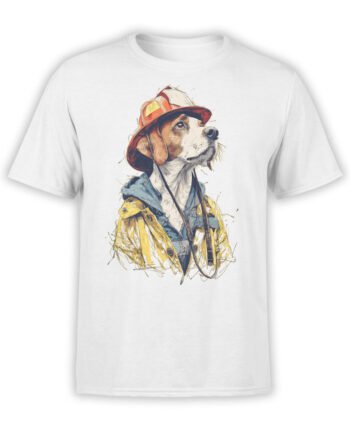 T-shirt featuring heroic beagle in firefighter gear on white fabric