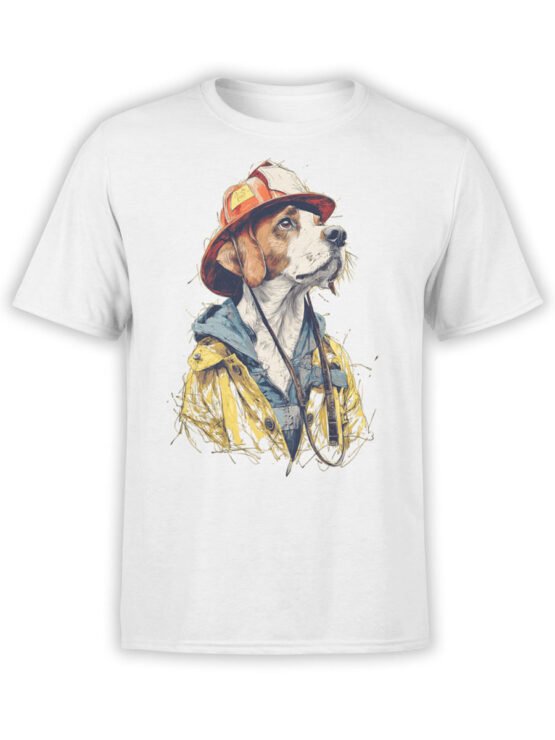 T-shirt featuring heroic beagle in firefighter gear on white fabric